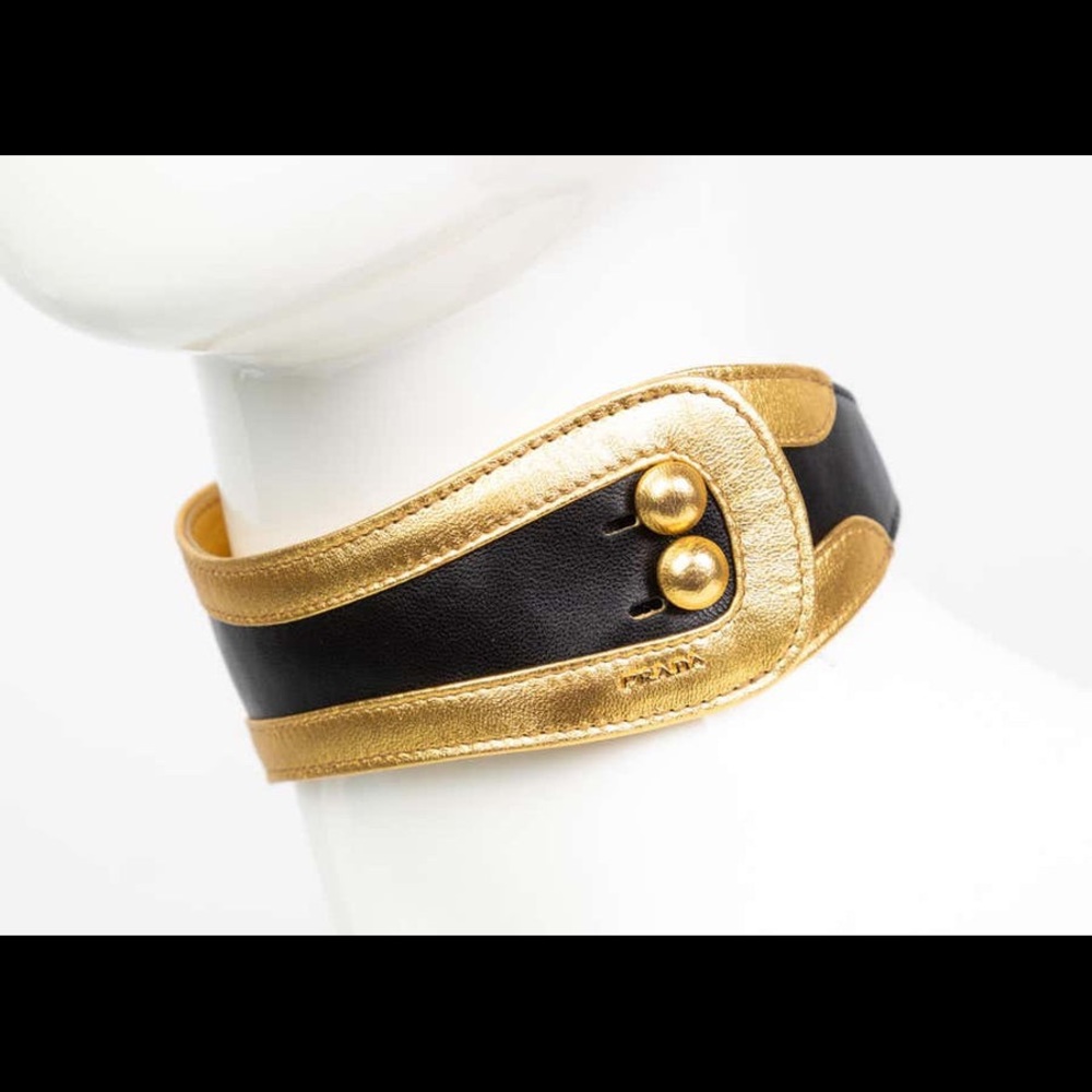 PRADA BLACK GOLD LEATHER CHOKER NECKLACE